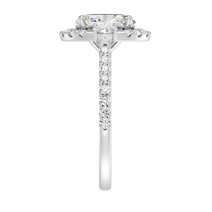 Elegant 18K white gold oval lab-grown diamond halo engagement ring with 1.50ct center stone, side oval diamonds, and pavé round diamond accents