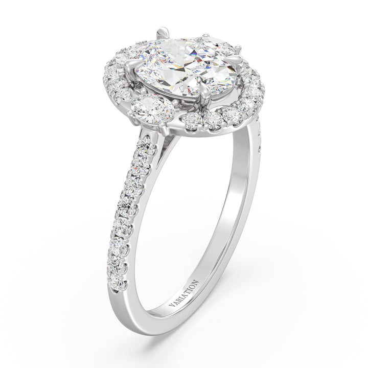 Elegant 18K white gold oval lab-grown diamond halo engagement ring with 1.50ct center stone, side oval diamonds, and pavé round diamond accents
