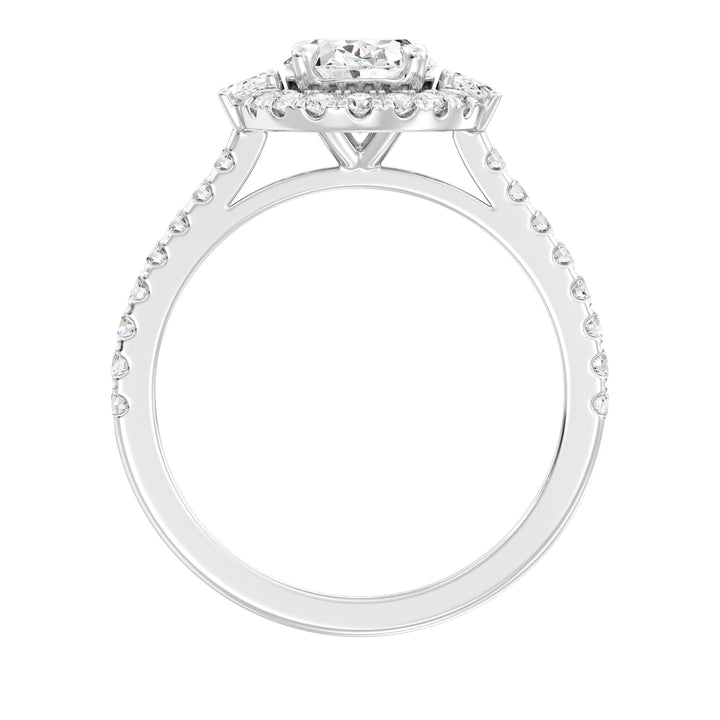 Elegant 18K white gold oval lab-grown diamond halo engagement ring with 1.50ct center stone, side oval diamonds, and pavé round diamond accents