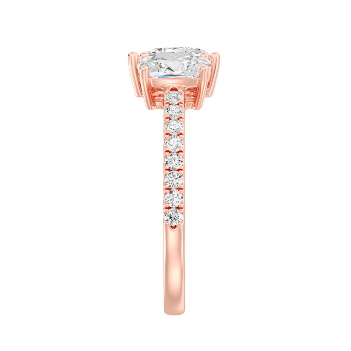 Elegant Heart & Cushion Two-Stone Lab-Grown Diamond 'Toi et Moi' Ring in 18K Rose Gold. Showcasing a 1.00ct heart-cut and a 1.00ct cushion-cut EF/VS lab-grown diamond, with 16 round-cut diamonds (0.24ct) adorning the warm rose gold band