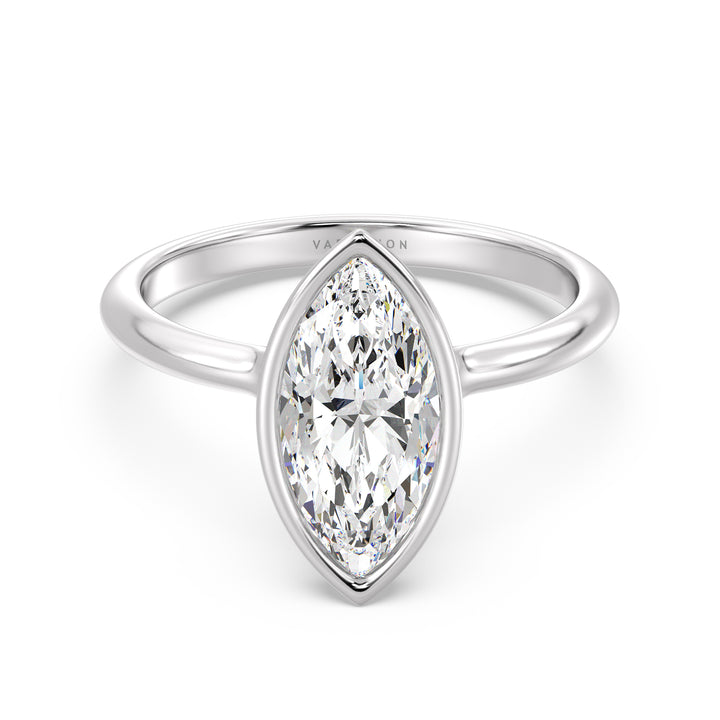 Elegant Marquise Cut Bezel-Set Lab-Grown Diamond Solitaire Ring in 18K White Gold, highlighting a dazzling 1ct, 2ct, 3ct, or 4ct diamond