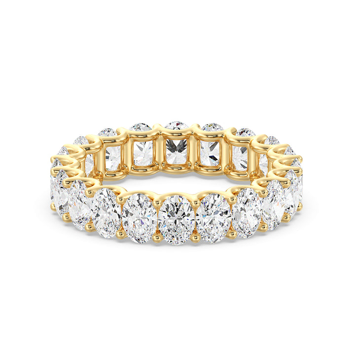 Elegant Oval Lab-Grown Diamond Scallop Eternity Band in 18K Yellow Gold, showcasing 20 EF/VS diamonds in a shared prong setting with a scalloped side profile