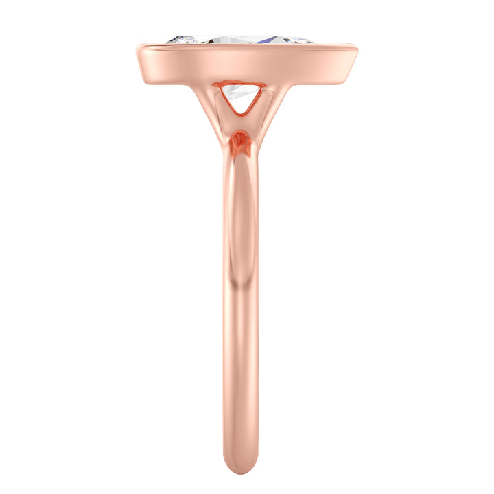 Elegant Pear Cut Bezel Set Lab Grown Diamond Solitaire Ring in 18K rose gold with a pear-shaped lab-grown diamond, available in 1.00ct, 2.00ct, 3.00ct, or 4.00ct