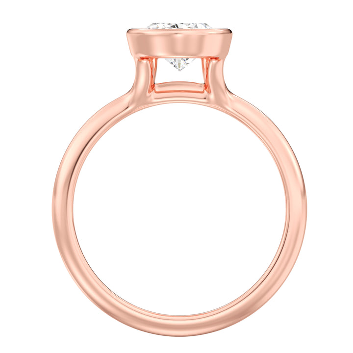 Elegant Pear Cut Bezel Set Lab Grown Diamond Solitaire Ring in 18K rose gold with a pear-shaped lab-grown diamond, available in 1.00ct, 2.00ct, 3.00ct, or 4.00ct