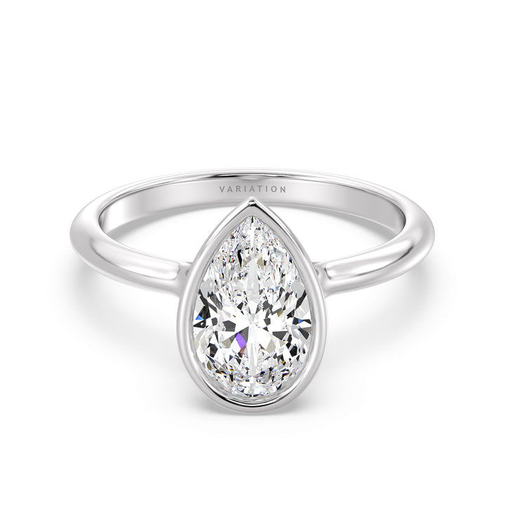 Elegant Pear Cut Bezel Set Lab Grown Diamond Solitaire Ring in 18K white gold showcasing a pear-shaped lab-grown diamond, available in 1.00ct, 2.00ct, 3.00ct, or 4.00ct