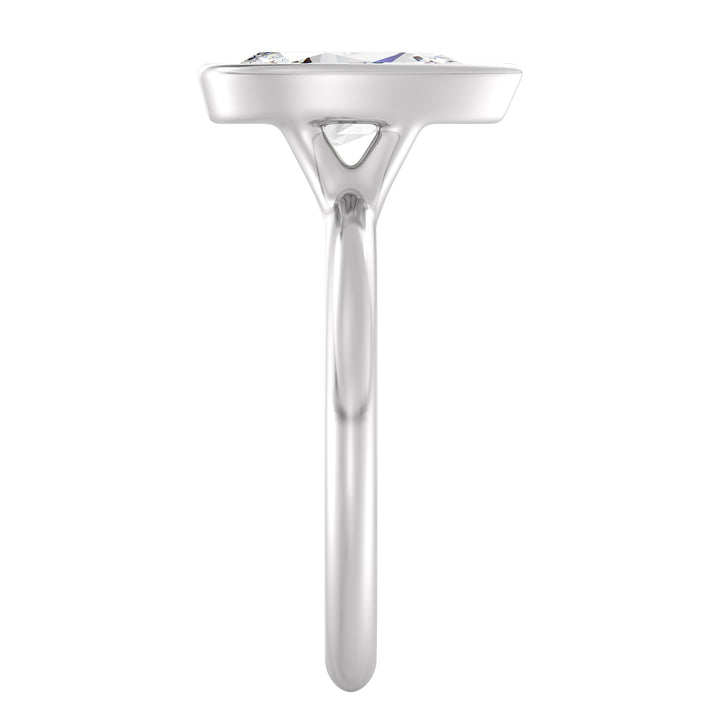 Elegant Pear Cut Bezel Set Lab Grown Diamond Solitaire Ring in 18K white gold showcasing a pear-shaped lab-grown diamond, available in 1.00ct, 2.00ct, 3.00ct, or 4.00ct