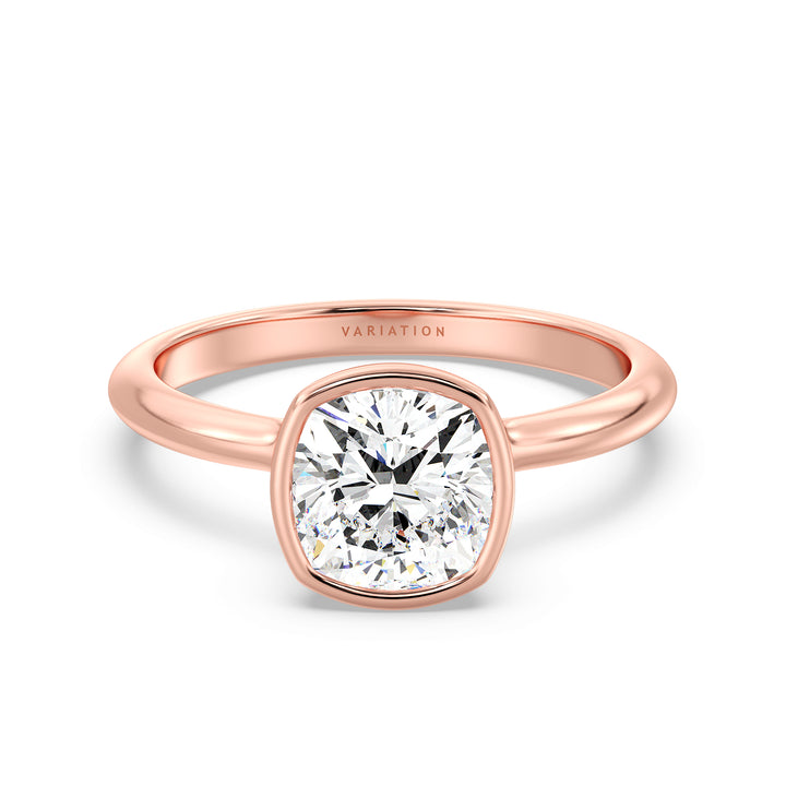 Elegant Square Cushion Cut Bezel-Set Lab Grown Diamond Solitaire Ring in rose gold. Features a stunning square cushion cut diamond set in a sleek bezel setting. Available in 1.00ct, 2.00ct, 3.00ct, and 4.00ct carat weights