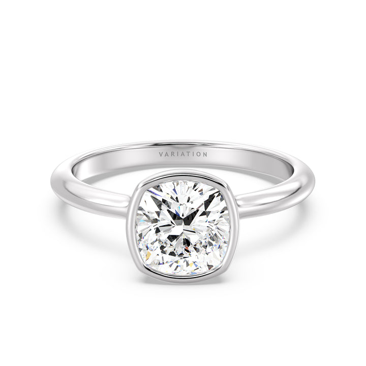 Elegant Square Cushion Cut Bezel-Set Lab Grown Diamond Solitaire Ring in white gold. Displays a stunning square cushion cut diamond set in a sleek bezel setting. Offered in 1.00ct, 2.00ct, 3.00ct, and 4.00ct carat weights.
