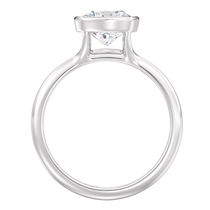 Elegant Square Cushion Cut Bezel-Set Lab Grown Diamond Solitaire Ring in white gold. Displays a stunning square cushion cut diamond set in a sleek bezel setting. Offered in 1.00ct, 2.00ct, 3.00ct, and 4.00ct carat weights.