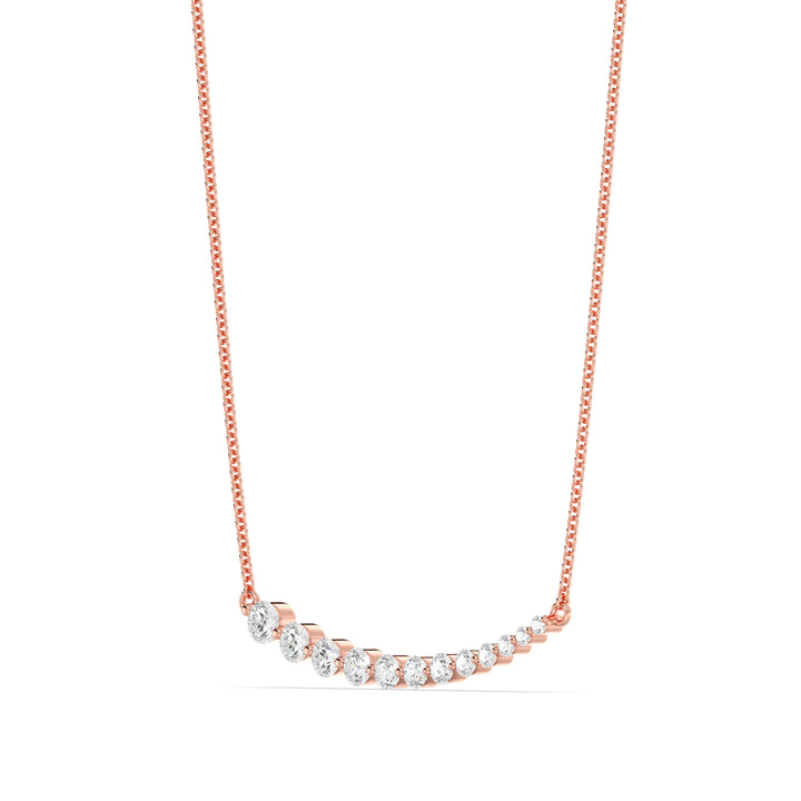 Elegant asymmetric smile necklace in 18K rose gold featuring 12 round-cut lab-grown diamonds totaling 0.80ct, set in a curved prong design