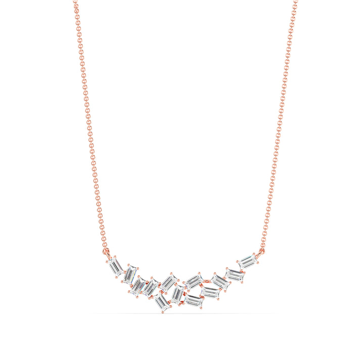 Elegant baguette lab-grown diamond cluster necklace in 18K rose gold, with 13 EF/VS baguette-cut diamonds totaling 0.65 carats, hand-set in a soft, romantic cluster design
