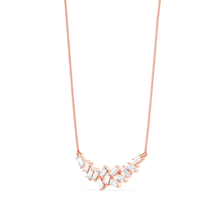 Elegant baguette lab-grown diamond cluster necklace in 18K rose gold, with 13 EF/VS baguette-cut diamonds totaling 0.65 carats, hand-set in a soft, romantic cluster design