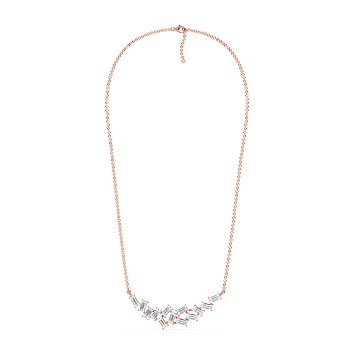 Elegant baguette lab-grown diamond cluster necklace in 18K rose gold, with 13 EF/VS baguette-cut diamonds totaling 0.65 carats, hand-set in a soft, romantic cluster design
