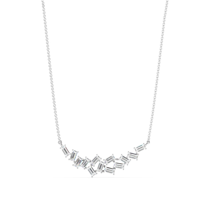 Elegant baguette lab-grown diamond cluster necklace in 18K white gold, showcasing 13 EF/VS baguette-cut diamonds totaling 0.65 carats in a refined cluster arrangement