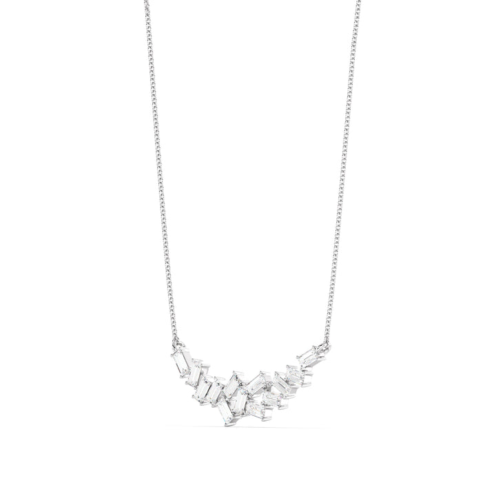 Elegant baguette lab-grown diamond cluster necklace in 18K white gold, showcasing 13 EF/VS baguette-cut diamonds totaling 0.65 carats in a refined cluster arrangement