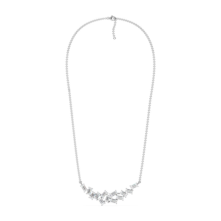 Elegant baguette lab-grown diamond cluster necklace in 18K white gold, showcasing 13 EF/VS baguette-cut diamonds totaling 0.65 carats in a refined cluster arrangement
