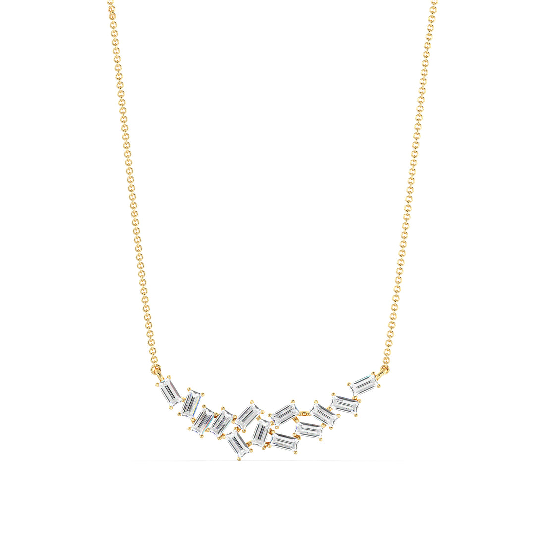 Elegant baguette lab-grown diamond cluster necklace in 18K yellow gold, featuring 13 EF/VS baguette-cut diamonds totaling 0.65 carats in a delicate cluster setting