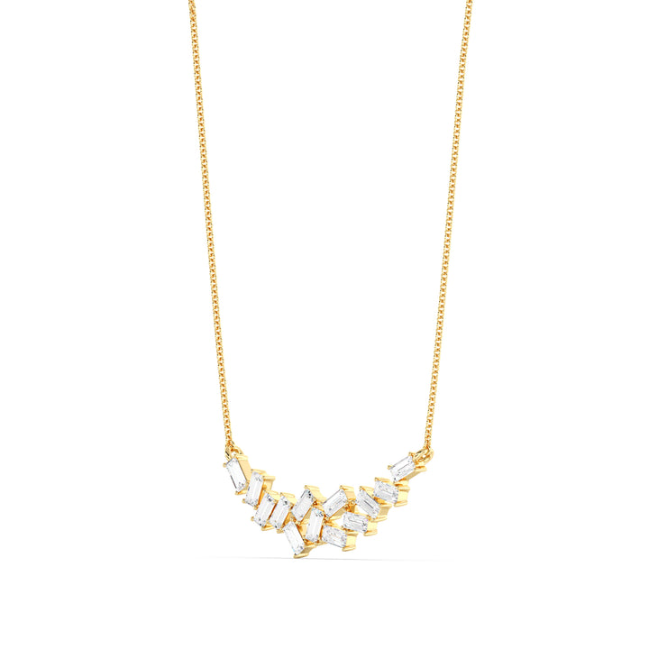 Elegant baguette lab-grown diamond cluster necklace in 18K yellow gold, featuring 13 EF/VS baguette-cut diamonds totaling 0.65 carats in a delicate cluster setting