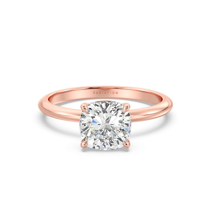 Cushion-cut lab-grown diamond engagement ring in 18K rose gold, featuring a classic 4-claw prong setting. Available in 1ct, 2ct, 3ct, and 4ct carat weights