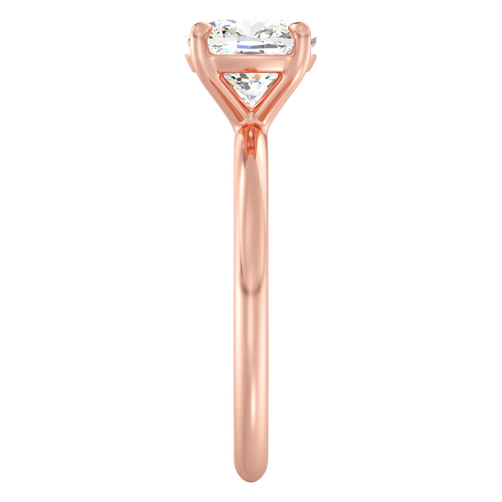 Cushion-cut lab-grown diamond engagement ring in 18K rose gold, featuring a classic 4-claw prong setting. Available in 1ct, 2ct, 3ct, and 4ct carat weights