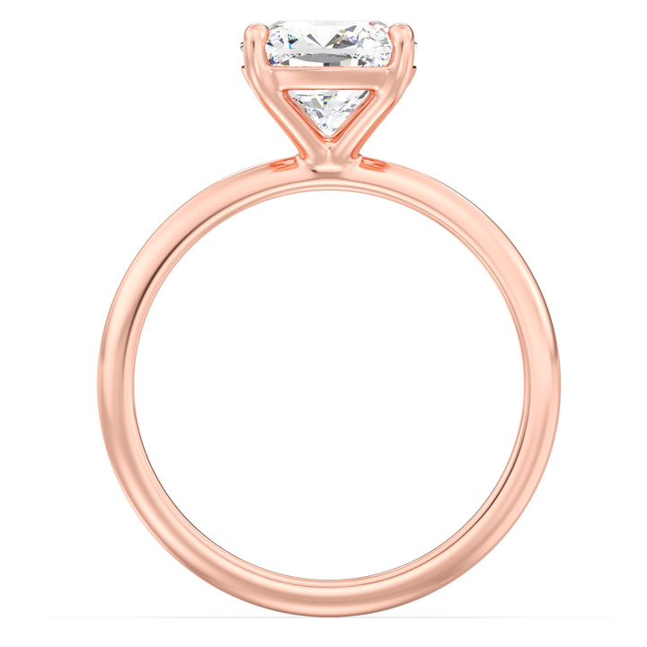 Cushion-cut lab-grown diamond engagement ring in 18K rose gold, featuring a classic 4-claw prong setting. Available in 1ct, 2ct, 3ct, and 4ct carat weights
