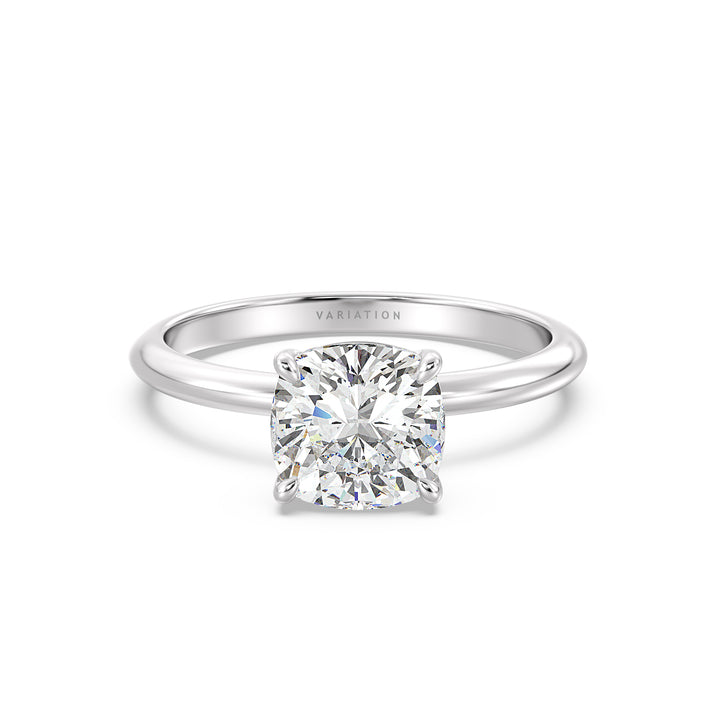 Cushion-cut lab-grown diamond engagement ring in 18K white gold, featuring a classic 4-claw prong setting. Available in 1ct, 2ct, 3ct, and 4ct carat weights