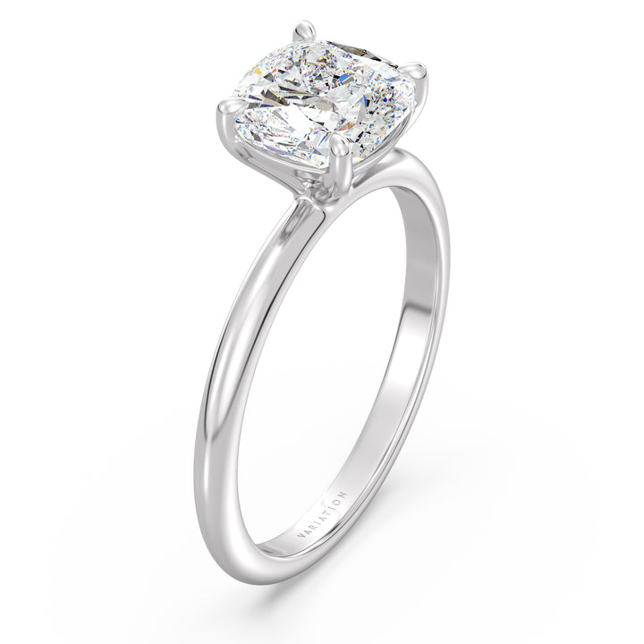 Cushion-cut lab-grown diamond engagement ring in 18K white gold, featuring a classic 4-claw prong setting. Available in 1ct, 2ct, 3ct, and 4ct carat weights