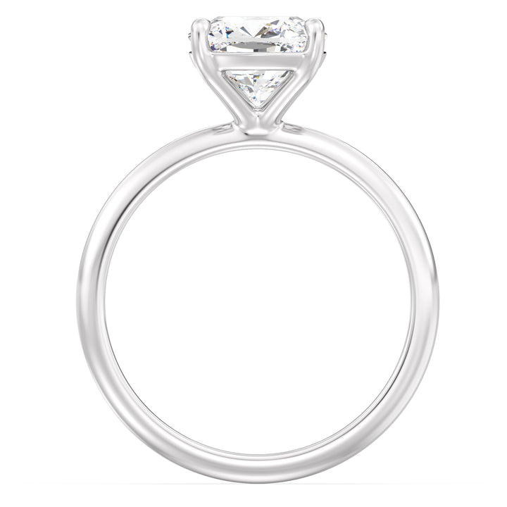 Cushion-cut lab-grown diamond engagement ring in 18K white gold, featuring a classic 4-claw prong setting. Available in 1ct, 2ct, 3ct, and 4ct carat weights