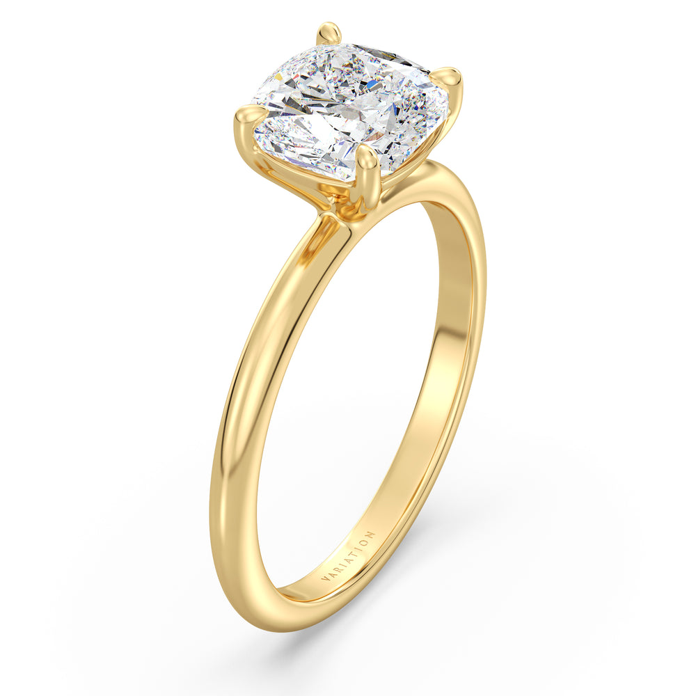Cushion-cut lab-grown diamond engagement ring in 18K yellow gold, featuring a classic 4-claw prong setting. Available in 1ct, 2ct, 3ct, and 4ct carat weights