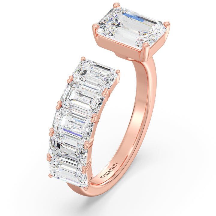 Floating Emerald-Cut Lab-Grown Diamond Ring in 18K Rose Gold with a 2.00ct emerald-cut center diamond and five 0.50ct floating emerald-cut diamonds. A romantic and elegant Toi et Moi design with a warm rose gold band, ideal for anniversaries, engagements, or stacking