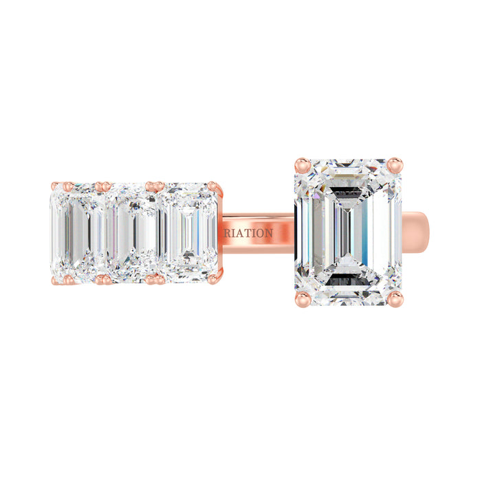 Floating Emerald-Cut Lab-Grown Diamond Ring in 18K Rose Gold with a 2.00ct emerald-cut center diamond and five 0.50ct floating emerald-cut diamonds. A romantic and elegant Toi et Moi design with a warm rose gold band, ideal for anniversaries, engagements, or stacking