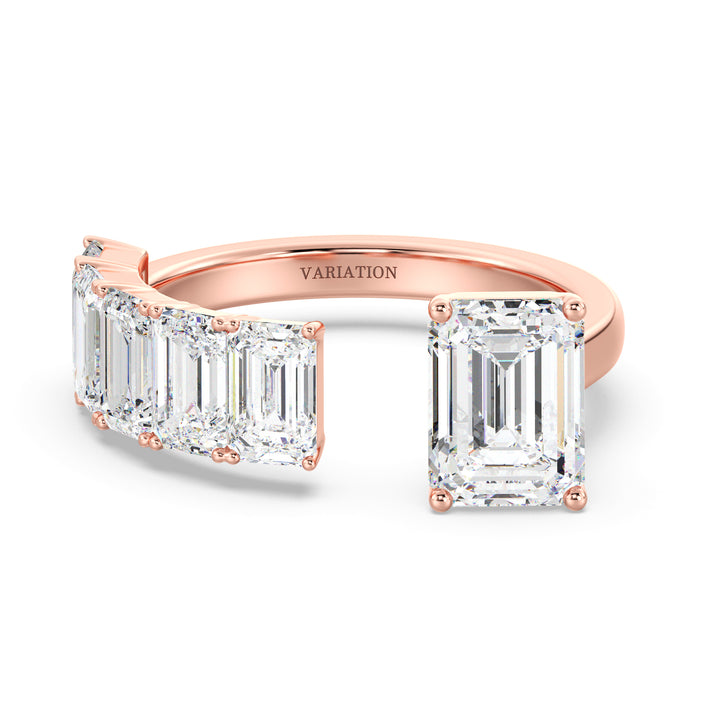 Floating Emerald-Cut Lab-Grown Diamond Ring in 18K Rose Gold with a 2.00ct emerald-cut center diamond and five 0.50ct floating emerald-cut diamonds. A romantic and elegant Toi et Moi design with a warm rose gold band, ideal for anniversaries, engagements, or stacking