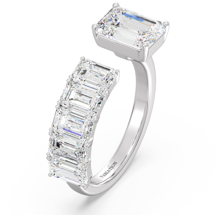 Floating Emerald-Cut Lab-Grown Diamond Ring in 18K White Gold, showcasing a 2.00ct emerald-cut center diamond with five 0.50ct floating emerald-cut diamonds. A sleek and timeless Toi et Moi design with a polished white gold band, perfect as an anniversary, engagement, or stackable promise ring.