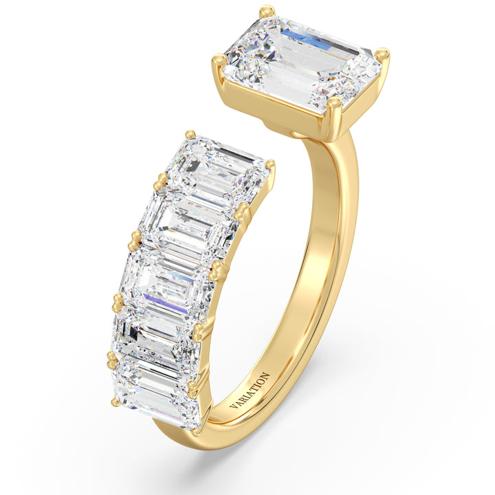 Floating Emerald-Cut Lab-Grown Diamond Ring in 18K Yellow Gold featuring a 2.00ct emerald-cut center stone and five 0.50ct floating emerald-cut diamonds in a prong setting. A modern Toi et Moi design with a sleek yellow gold band, perfect for stacking or as an anniversary gift.