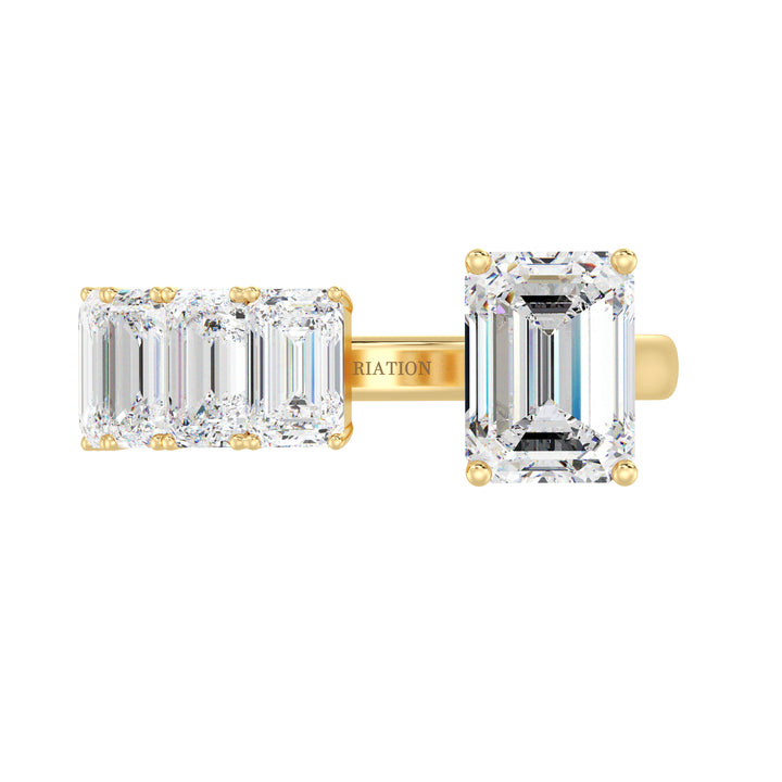 Floating Emerald-Cut Lab-Grown Diamond Ring in 18K Yellow Gold featuring a 2.00ct emerald-cut center stone and five 0.50ct floating emerald-cut diamonds in a prong setting. A modern Toi et Moi design with a sleek yellow gold band, perfect for stacking or as an anniversary gift.