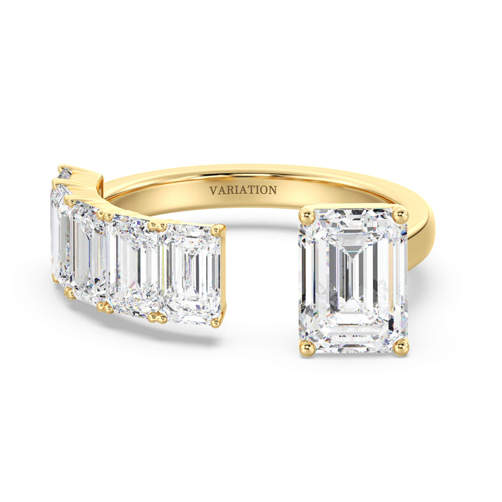 Floating Emerald-Cut Lab-Grown Diamond Ring in 18K Yellow Gold featuring a 2.00ct emerald-cut center stone and five 0.50ct floating emerald-cut diamonds in a prong setting. A modern Toi et Moi design with a sleek yellow gold band, perfect for stacking or as an anniversary gift.