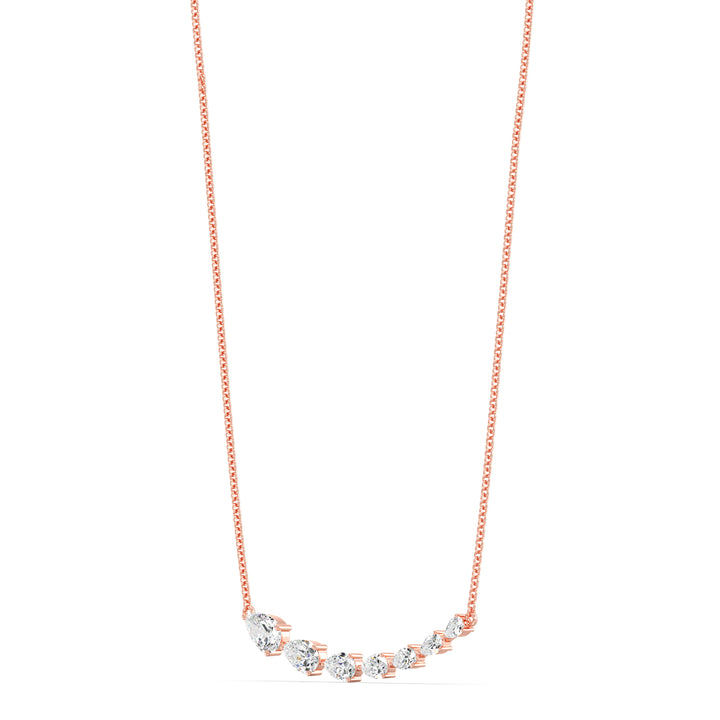 Graduated pear-cut lab-grown diamond necklace in 18K rose gold featuring 7 EF/VS diamonds totaling 3.07 carats in a prong setting and asymmetric curved silhouette
