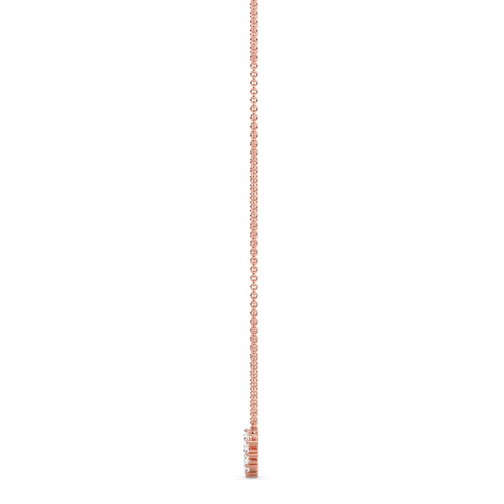 Graduated pear-cut lab-grown diamond necklace in 18K rose gold featuring 7 EF/VS diamonds totaling 3.07 carats in a prong setting and asymmetric curved silhouette