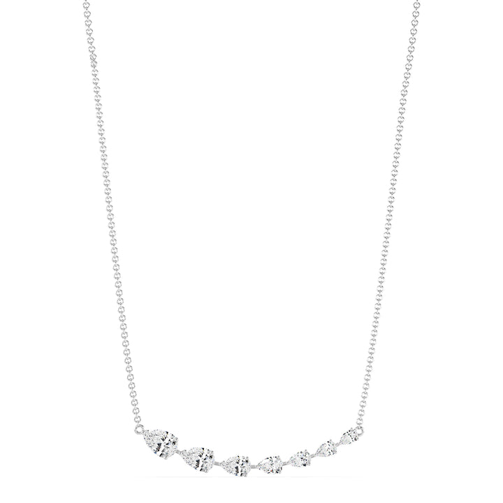 Graduated pear-cut lab-grown diamond necklace in 18K white gold showcasing 7 EF/VS diamonds totaling 3.07 carats in an elegant asymmetric prong-set design