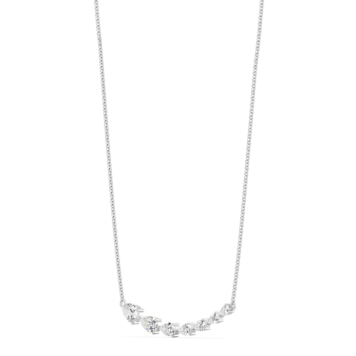 Graduated pear-cut lab-grown diamond necklace in 18K white gold showcasing 7 EF/VS diamonds totaling 3.07 carats in an elegant asymmetric prong-set design