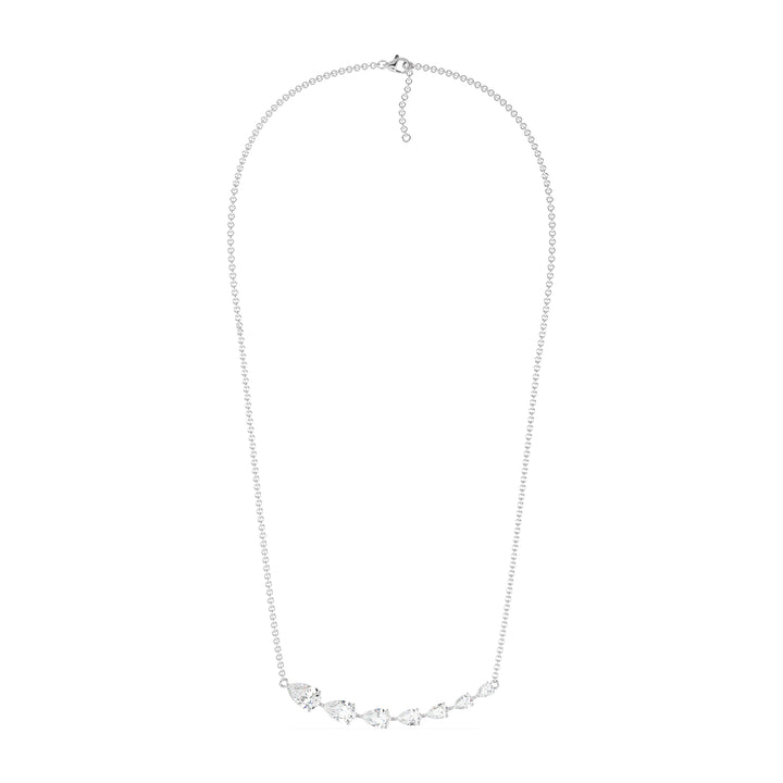Graduated pear-cut lab-grown diamond necklace in 18K white gold showcasing 7 EF/VS diamonds totaling 3.07 carats in an elegant asymmetric prong-set design