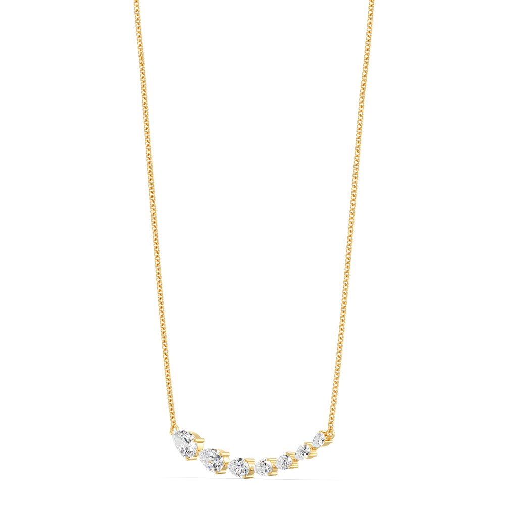 Graduated pear-cut lab-grown diamond necklace in 18K yellow gold with 7 EF/VS diamonds totaling 3.07 carats in a prong setting and asymmetric smile design