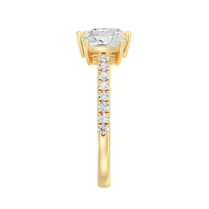 Heart & Cushion Two-Stone Lab-Grown Diamond 'Toi et Moi' Ring in 18K Yellow Gold. Featuring a 1.00ct heart-cut and a 1.00ct cushion-cut EF/VS lab-grown diamond in a classic prong setting, accented with 16 round-cut diamonds (0.24ct) on a sleek yellow gold band