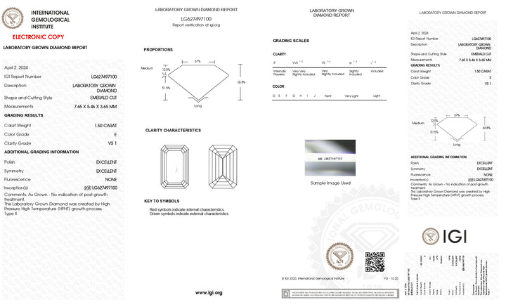 Sophisticated 1.50 CT IGI Certified Lab Grown Emerald Cut Diamond | E Color, VS1 Clarity