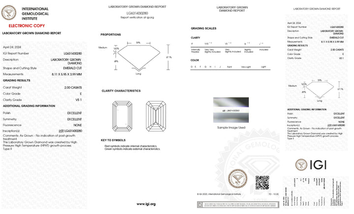 IGI מוסמך 2.00 CT יהלום מגודל מעבדה - צבע, Clarity VS1, אמרלד חתך
