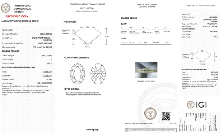 الجودة المميزة: IGI Certified 1.50 CT OVAL CUT LAB GROWN DAIMOND - VVS2 Clarity ، استثنائية من الدرجة E