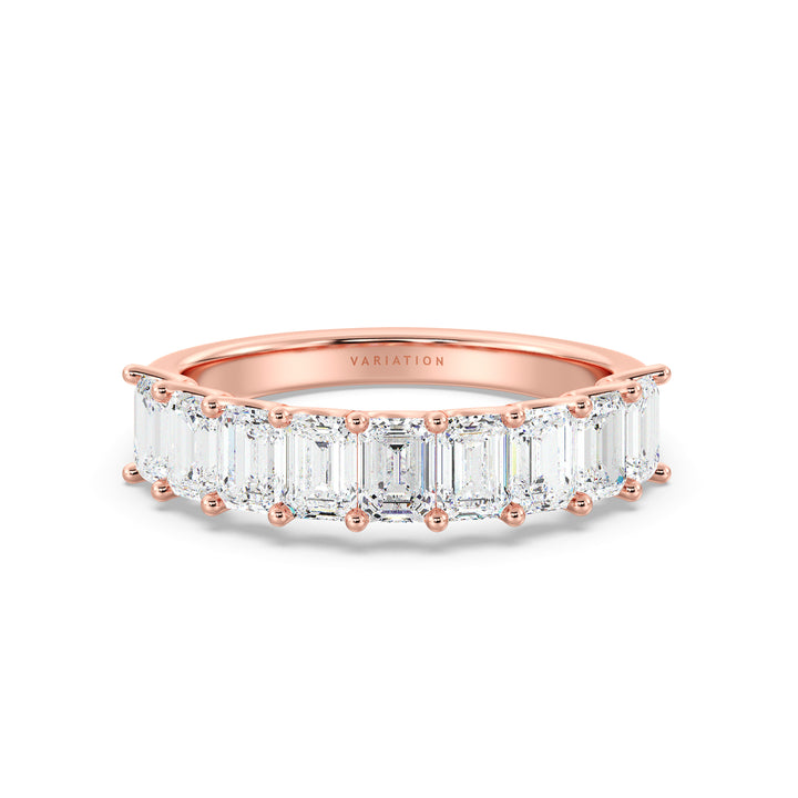 Lab-Grown Diamond Emerald Scallop Half Eternity Wedding Ring in 18K Rose Gold featuring 9 emerald-cut diamonds in a shared prong setting