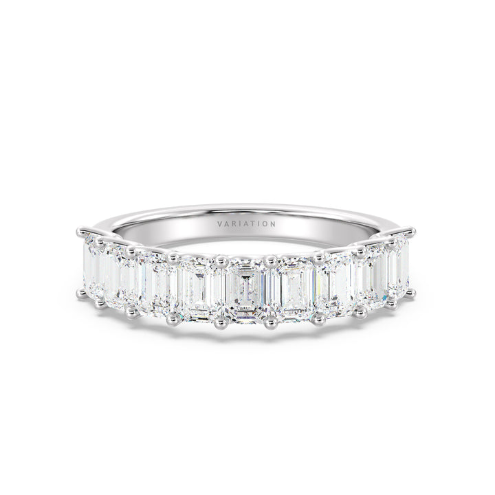 Lab-Grown Diamond Emerald Scallop Half Eternity Wedding Ring in 18K White Gold showcasing 9 emerald-cut diamonds in a secure shared prong setting