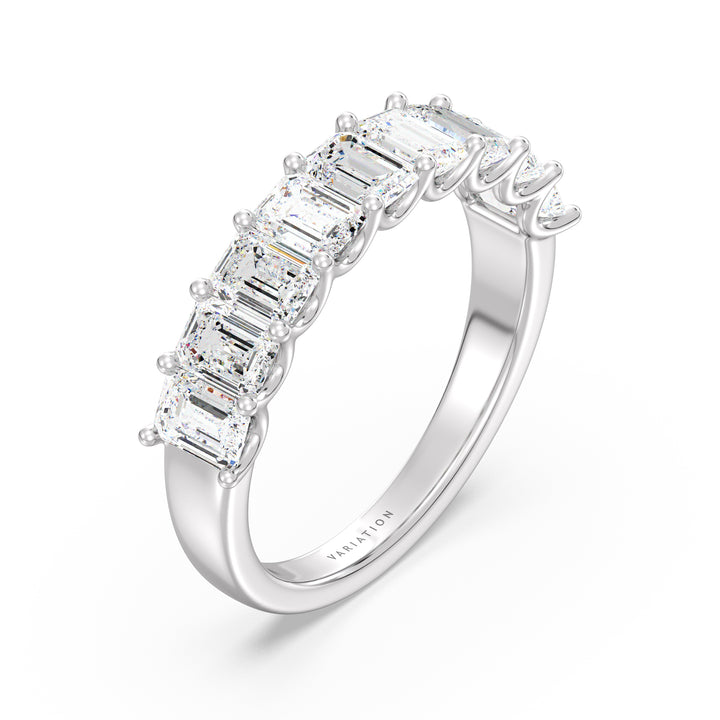 Lab-Grown Diamond Emerald Scallop Half Eternity Wedding Ring in 18K White Gold showcasing 9 emerald-cut diamonds in a secure shared prong setting