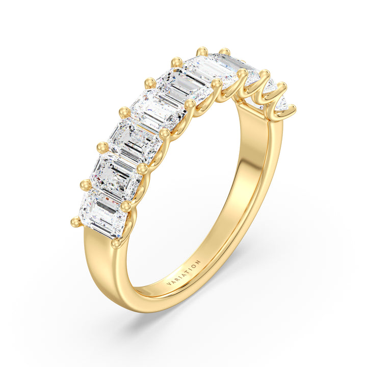 Lab-Grown Diamond Emerald Scallop Half Eternity Wedding Ring in 18K Yellow Gold with 9 emerald-cut diamonds set in a low-profile shared prong setting